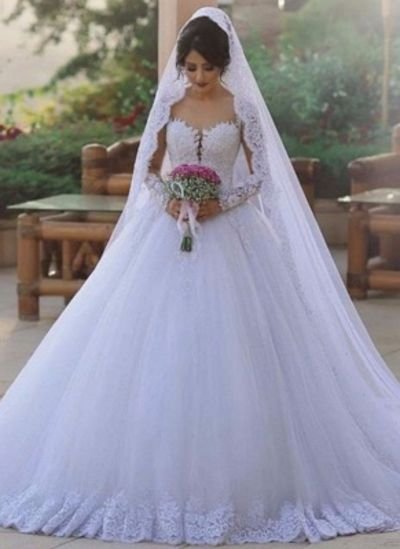 Elegant Beading Ball Gown Wedding Dresses  Long Sleeves Lace Bridal Gowns