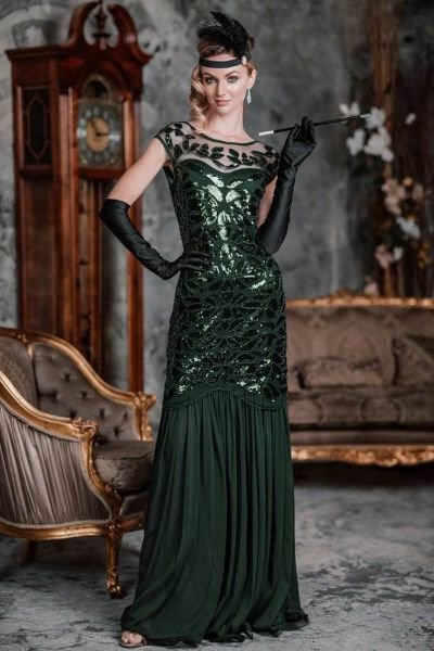 GREEN 1920S SEQUIN MAXI FLAPPER DRESS