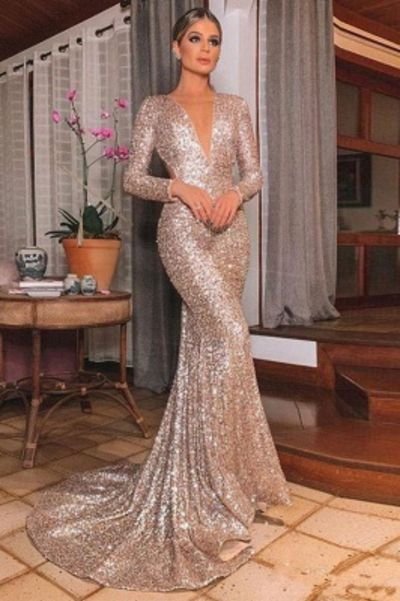 Gold V Neck Sequined Mermaid Prom Dresses  Long Sleeve Backless Party Dress