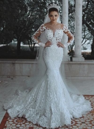 Gorgeous Long Sleeves Wedding Dresses  Appliques Beading Mermaid Bridal Gowns
