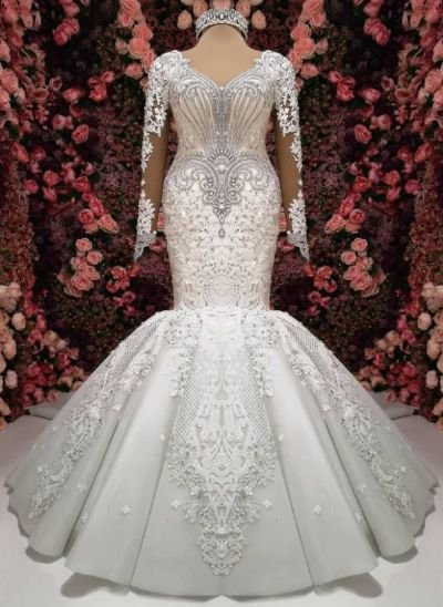 Luxury Crystals Mermaid Wedding Dresses  Long Sleeves Chapel Train Bridal Gowns