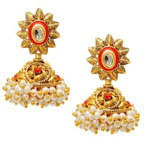 Kriaa by JewelMaze Red Austrian Stone Pearl Gold Plated Jhumki Earrings-AAA1213