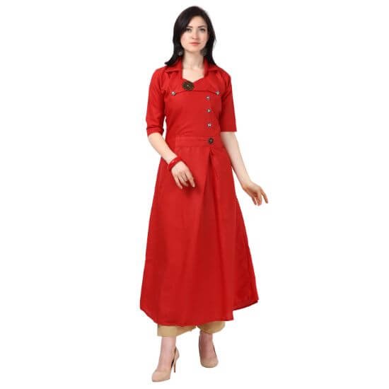 Vkaran Red Slub Cotton Embellished Stitched Kurtas For Women