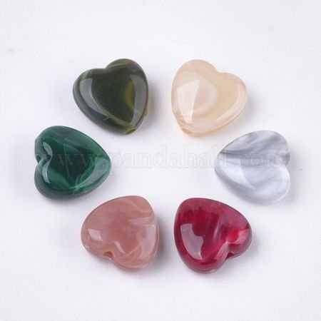 Acrylic Beads, Imitation Gemstone Style, Heart, Mixed Color, 14x14x7mm, Hole: 2mm (OACR-T011-38)