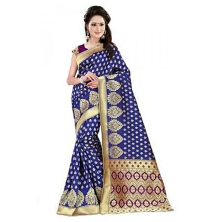 Ajira Purple Blue Banarasi Silk Self Design Saree With Blouse