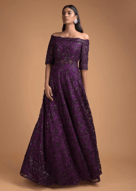 Byzantine Purple Off Shoulder Gown Adorned In Embossed Thread And Sequin Embroidery Online