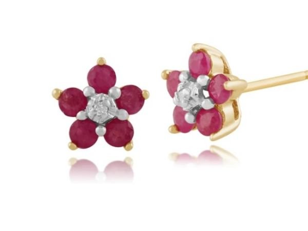 FLORAL ROUND RUBY & DIAMOND CLUSTER STUD EARRINGS IN 9CT YELLOW GOLD