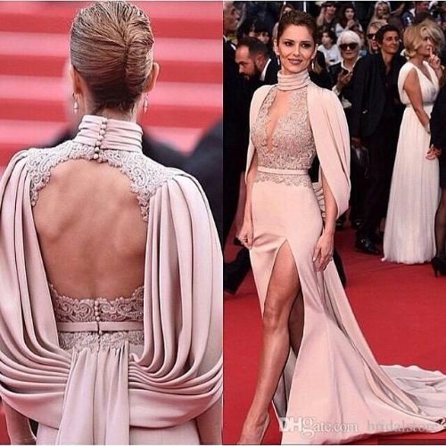 Fashion Red Carpet Mermaid Prom Dresses High Neck Open Back Celebrity Evening Gowns Sexy Keyhole Front High Slits Lace prom dresses 2019