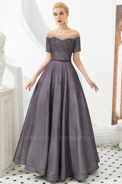 Hayden Sparkly Regency Round Neck Short sleeves Prom Dress with purple Belt