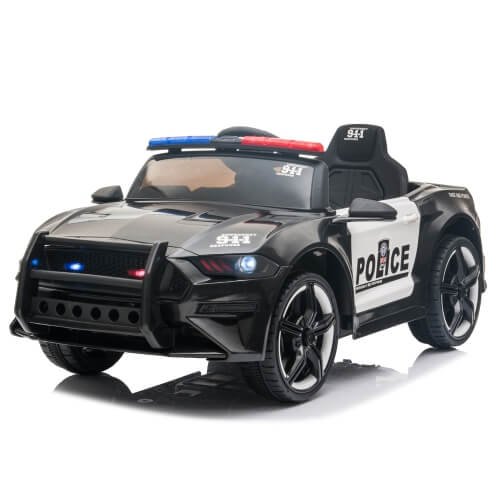 LQ 12V Kids Ride On Car Police Double Drive 2.4GHz Remote Control Sports Car with LED Lights & Siren &Microphone(Black)