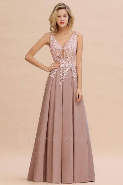 Rebacca A-Line V-neck Floor-Length Tulle Sequined Prom Dresses