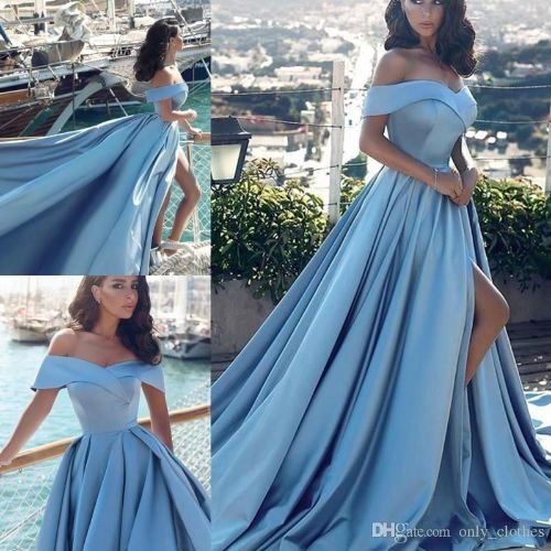Sky Blue High Split Evening Gowns 2020 Off The Shoulder Simple Prom Dresses Sweep Train Satin Women Formal Party Dress Cheap Vestidos