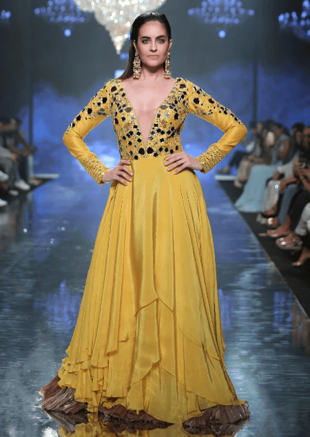 Sunset Yellow Gown With Floral And Leaf Cut Mirror Work And Plunging Neckline Online