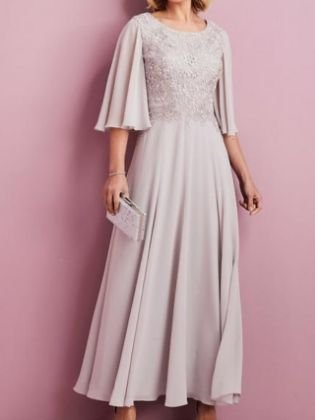 A-Line Mother of the Bride Dress Elegant Jewel Neck Ankle Length Chiffon Lace Half Sleeve with Pleats Embroidery 2020 