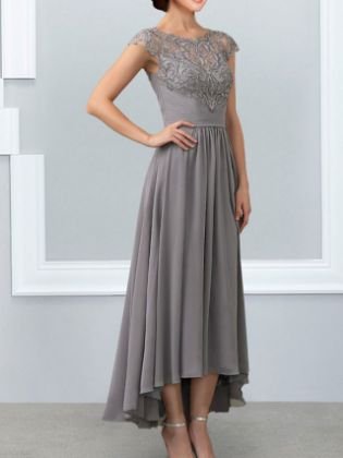 A-Line Mother of the Bride Dress Elegant Jewel Neck Ankle Length Chiffon Lace Sleeveless with Lace Appliques 2020