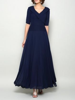 A-Line Mother of the Bride Dress Elegant V Neck Ankle Length Chiffon Short Sleeve with Pleats Ruching 2020