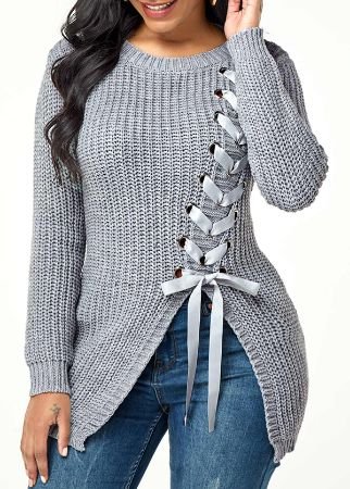 Asymmetric Hem Lace Up Pullover Sweater