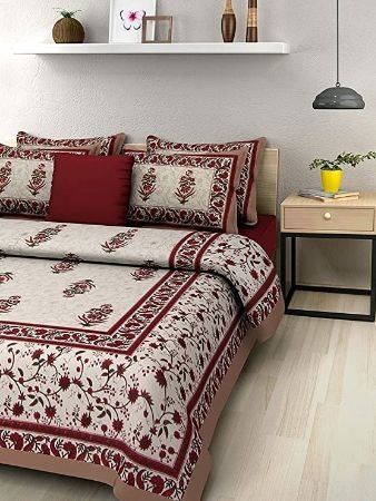 BedZone 100% Cotton Rajasthani Jaipuri Traditional King Size Double Bed Bedsheet with 2 Pillow Covers - Multi