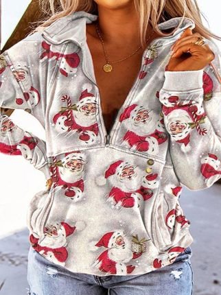 Casual Christmas Print Zipper Sweater