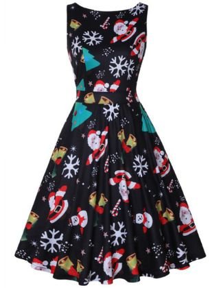 Christmas Dresses for Women Sleeveless Vintage Cocktail Dress Funny Printed Birthday Holiday Swing Party Dress