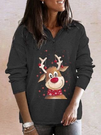 Christmas Elk Print Stand Collar Sweatshirt