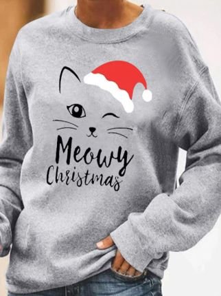 Christmas cat print crew neck sweatshirt