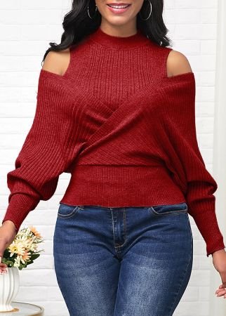Cold Shoulder Long Sleeve Wine Red Sweater