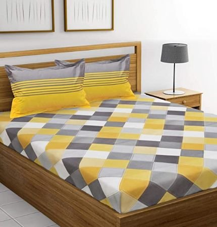 Huesland Ahmedabad Cotton 144 TC 100% Cotton Double Bedsheet with 2 Pillow Covers - Yellow and Grey