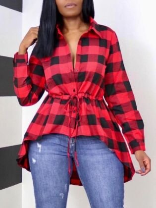Lovely Casual Plaid Print Drawstring Red Blouse