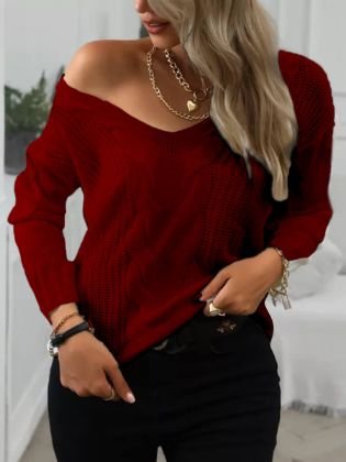 Lovely Leisure V Neck Loose Red Sweater 