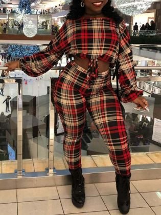 Lovely Street Plaid Print Patchwork Red Two Piece Pants Set