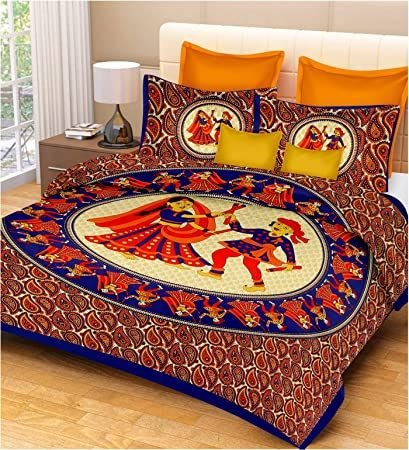 RajasthaniKart Comfort Rajasthani Jaipuri Traditional Sanganeri Print 144 TC Cotton Double Bedsheet with 2 Pillow Covers - King