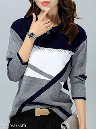 Round Neck Patchwork Color Block Knit Pullover