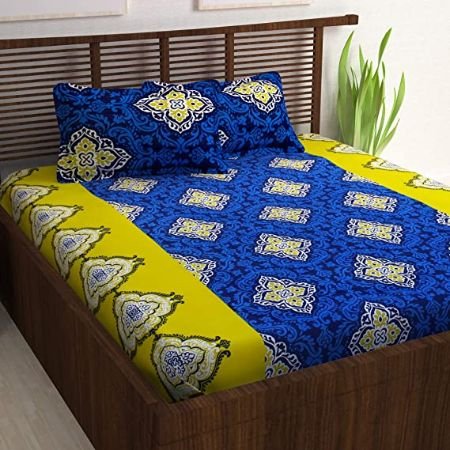 Story@Home Candy 120 TC Double Bedsheet with 2 Pillow Covers, Yellow & Blue Abstract
