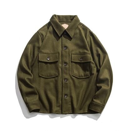 Vintage 70s Woolen CPO Shirt Jacket US Navy Men's Military Coat Olive Green 44
