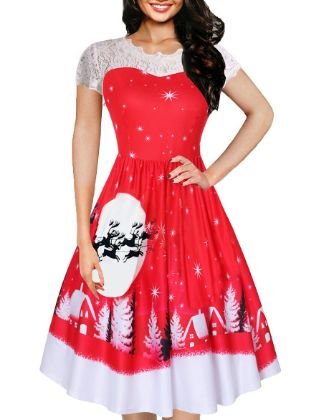 Women's A-Line Dress Knee Length Dress - Short Sleeve Print Clothing Spring Elegant Christmas Slim 2020 Red S M L XL XXL