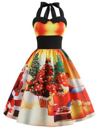 Women's A-Line Dress Knee Length Dress - Sleeveless Print Print Fall Halter Neck Elegant Christmas Slim 2020 Black Blue Red Yellow Orange Light Blue S M L XL XXL