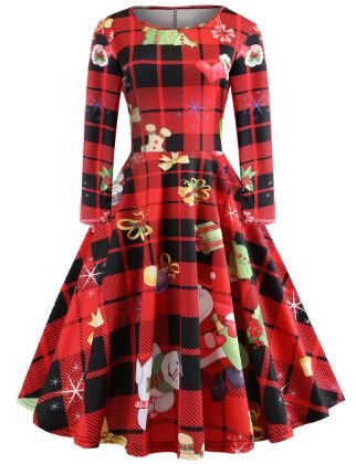 Women's Swing Dress Knee Length Dress - Long Sleeve Print Print Spring Vintage Capped 2020 Red S M L XL XXL
