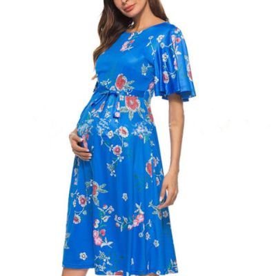 Blue Floral Sleeveless Knot Front Maternity Maxi Dress