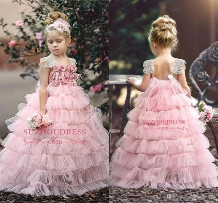 Blush Pink Layers Ball Gown Flower Girl Dress 2019 Hand Made Flowers Princess Birthday Patry Gown Girl Formal Dresses Custom Made