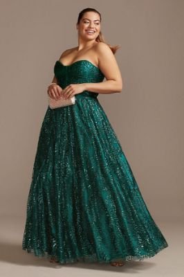 Corset Bodice Plus Size Gown with Glitter Overlay