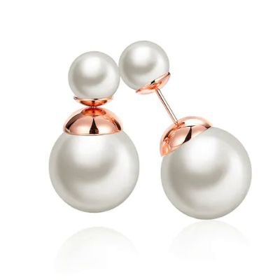 Fashion K Gold Round Pearl White Rose Gold Lady Earrings - Rose Gold