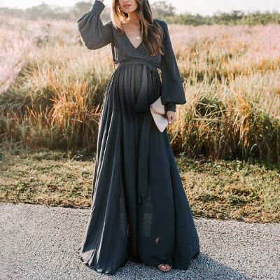 Maternity Casual V-neck Long Sleeve Solid Color Dress