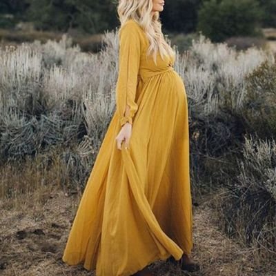 Maternity V-neck Long Sleeve Solid Color Dress