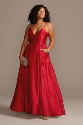 Satin Spaghetti Strap Plus Size Gown with Pockets
