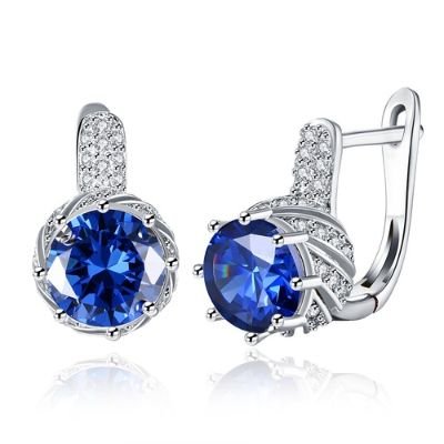 Zircon Earring Blue Round Diamond Romantic Wind Earring Clip - Silver