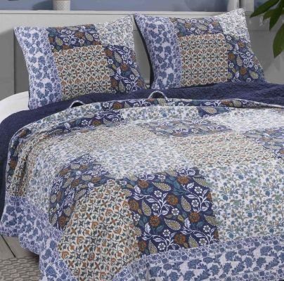 3 Piece Cotton King Size Quilt Set with Leaf Print, Blue and White By Casagear Home