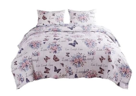 3 Piece King Size Quilt Set with Lily and Butterfly Print, Multicolor By Casagear Home