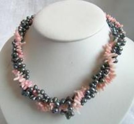 3 Strands 5-6mm Pearl & Coral Necklace