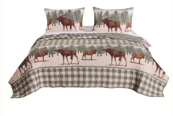 Fabric King Size Quilt Set with Animal and Plaid Print, Green and Brown By Casagear Home